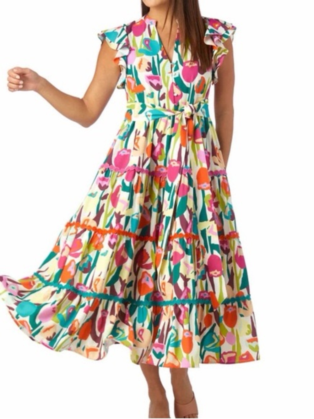 CROSBY by Mollie Burch Floral Tiered Maxi Dress in Pink, Teal & Orange